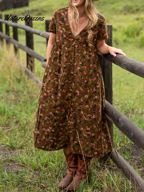 Boho Flower Patchwork Print V-neck Soft Midi Dress