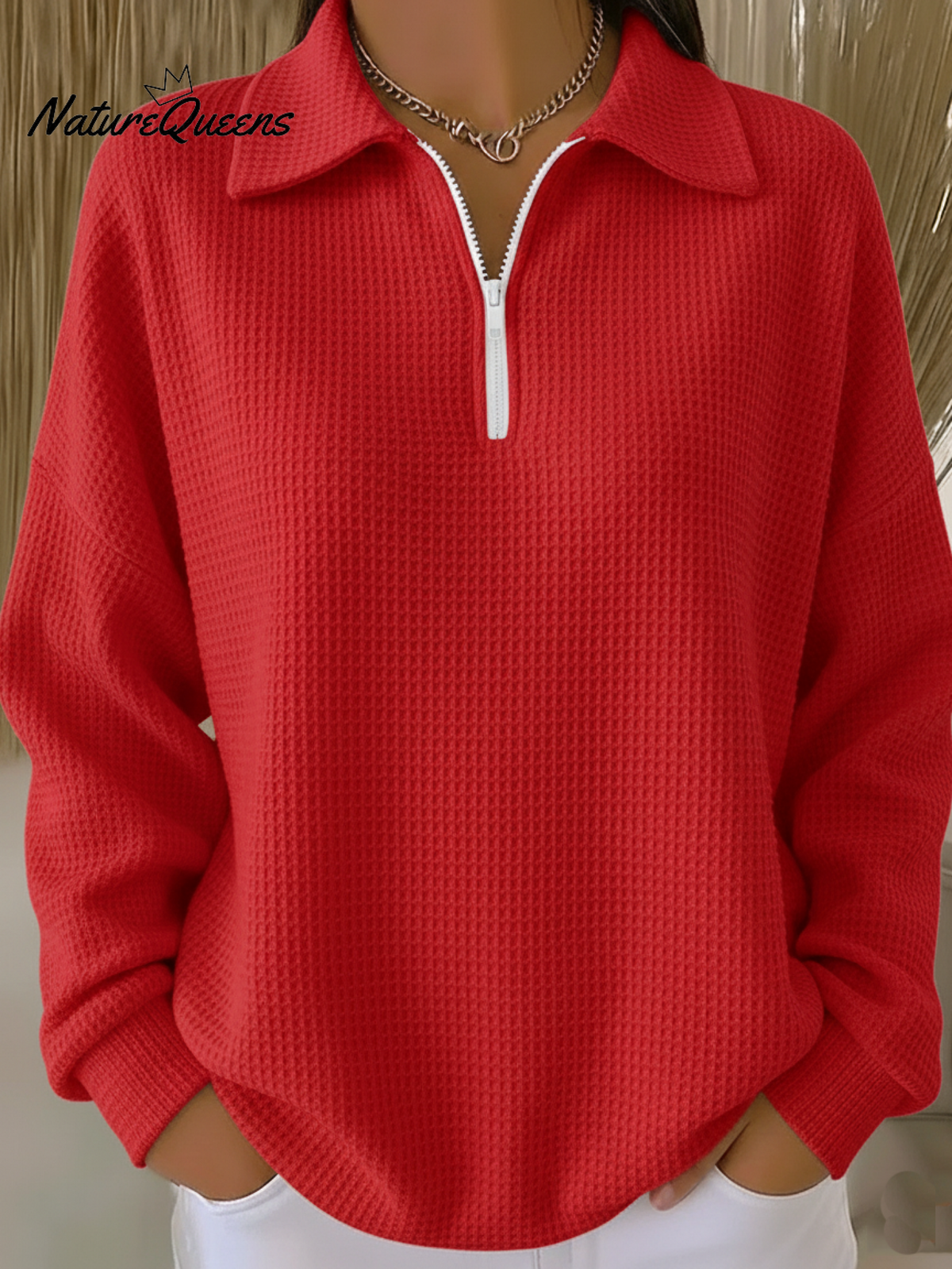 Women's Casual Polo Zipper Waffle Top Sweatshirt