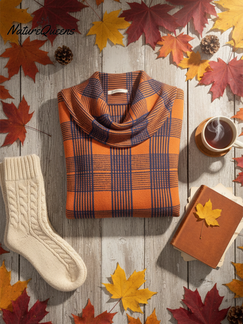 Maple Leaf Orange Check Cowl Neck Sweater Top