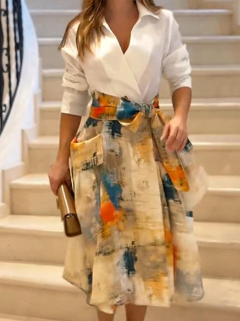 Women's Watercolor Brushstroke Print Bowknot Linen Skirt