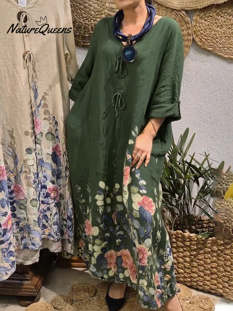 Women's Flower Bouquet Print Loose Linen Dress