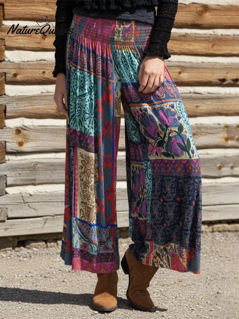 Cozy Boho Floral Print Tummy Control Knit Wide-Leg Pants