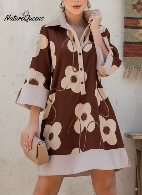 Artistic Lapel Large Flower Print Cotton and Linen Dress