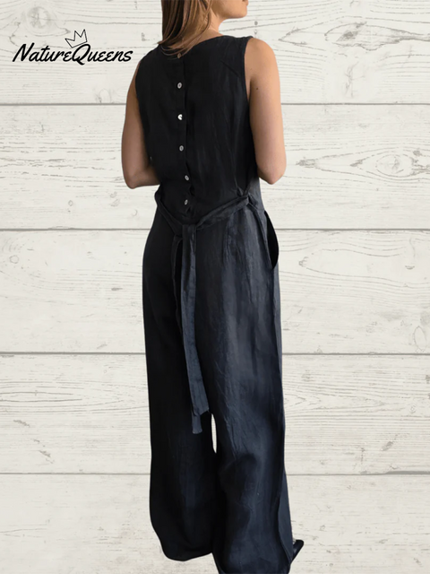 Casual Back Button Tie Linen Solid Color Jumpsuit