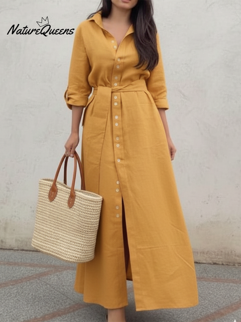 Classic Stand-up Collar Button-down Linen Maxi Dress