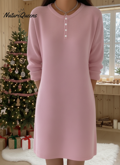 Women's Henley Collar Soft Wool Solid Color Knitted Dress
