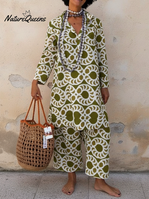 Women's Art Circle Print Shirt and Pants Cotton Two-Piece Set
