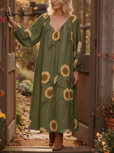 Sunflower Print Soft V-neck Cotton Midi Dress