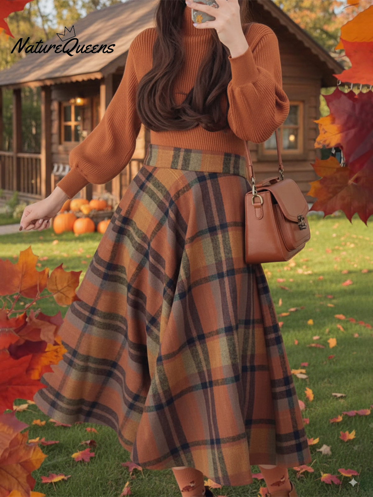 Caramel Pumpkin Lantern Sleeve Sweater Top Plaid Skirt Two-Piece Set