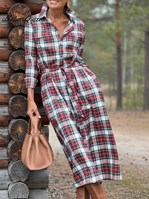 Women's Retro Contrast Color Plaid Shirt Cotton Dress