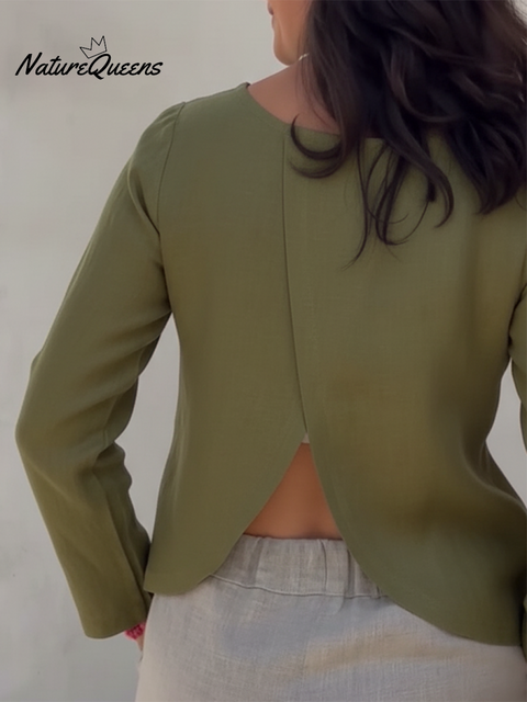 Sophia Back Slit Round Neck Linen Top