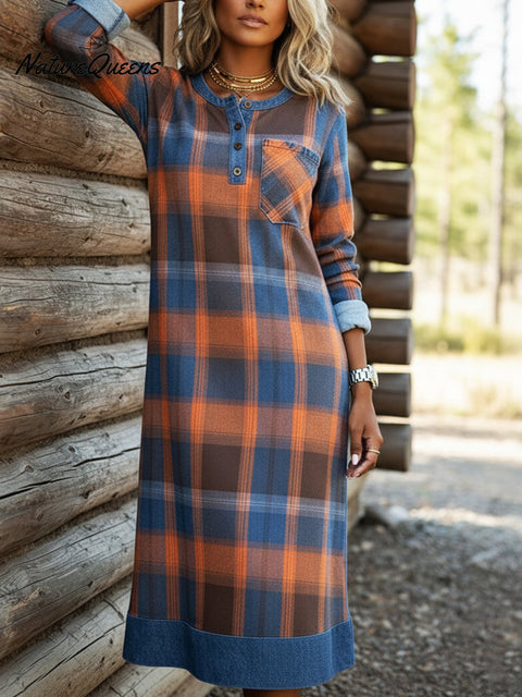 Denim Patchwork Plaid Print Henley Collar Midi Dress
