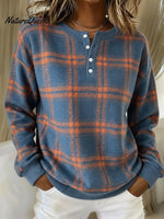 Casual Contrast Plaid Henley Neck Sweatshirt Top