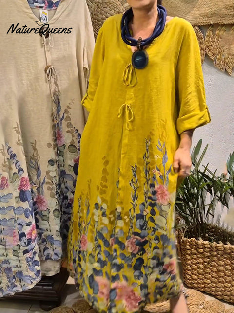 Women's Flower Bouquet Print Loose Linen Dress