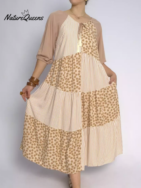 Women's Floral Print Plaid Patchwork Cotton Dress