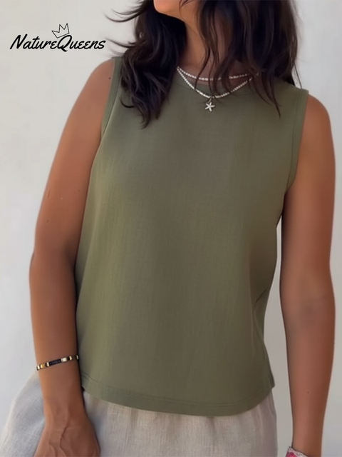 Sophia Back Slit Round Neck Linen Top
