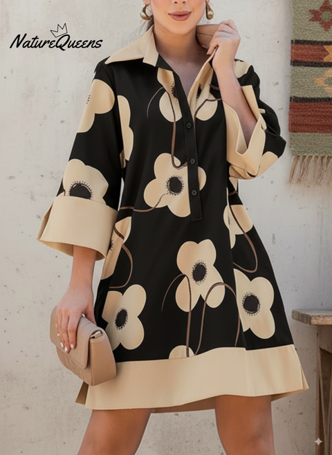 Artistic Lapel Large Flower Print Cotton and Linen Dress