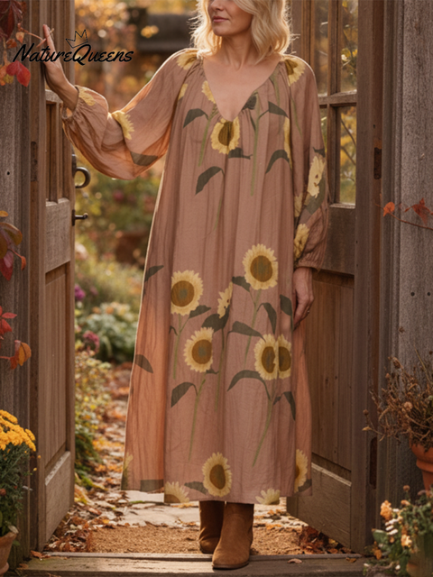Sunflower Print Soft V-neck Cotton Midi Dress