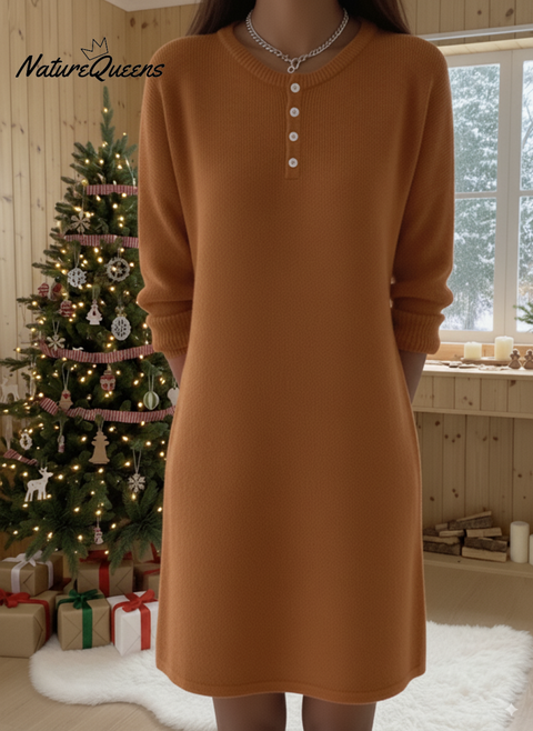 Women's Henley Collar Soft Wool Solid Color Knitted Dress
