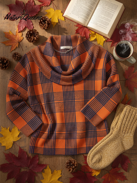 Maple Leaf Orange Check Cowl Neck Sweater Top