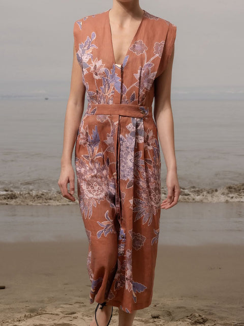 Floral Print Pleated Cotton and Linen Midi Dress