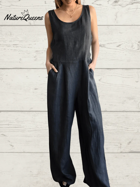 Casual Back Button Tie Linen Solid Color Jumpsuit