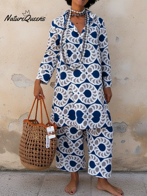 Women's Art Circle Print Shirt and Pants Cotton Two-Piece Set