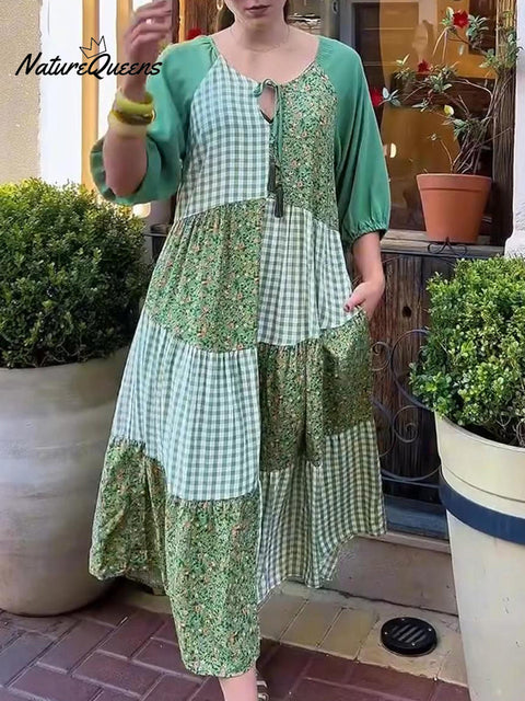 Women's Floral Print Plaid Patchwork Cotton Dress