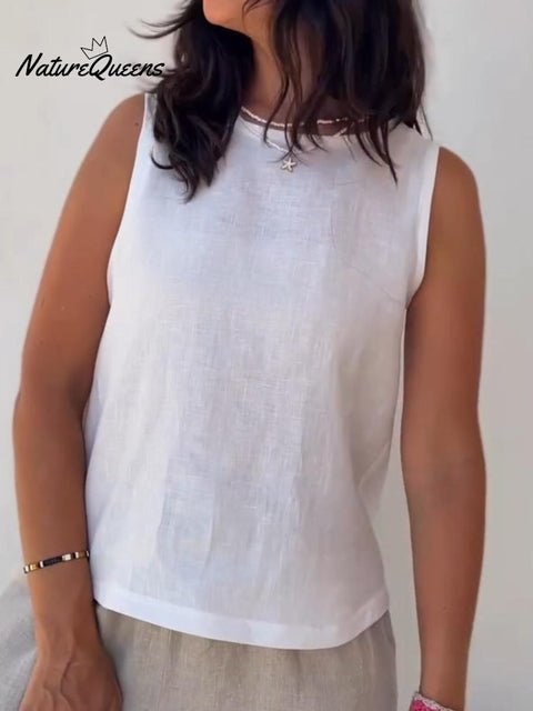 Sophia Back Slit Round Neck Linen Top