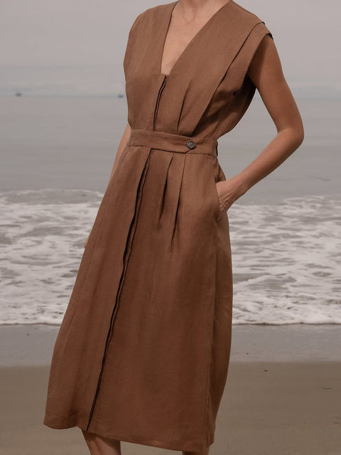 Floral Print Pleated Cotton and Linen Midi Dress