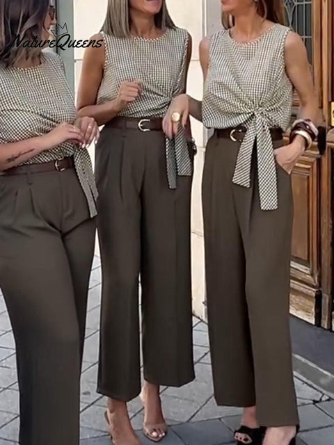 Women's Plaid Print Tie Top Straight Pants Two-Piece Set