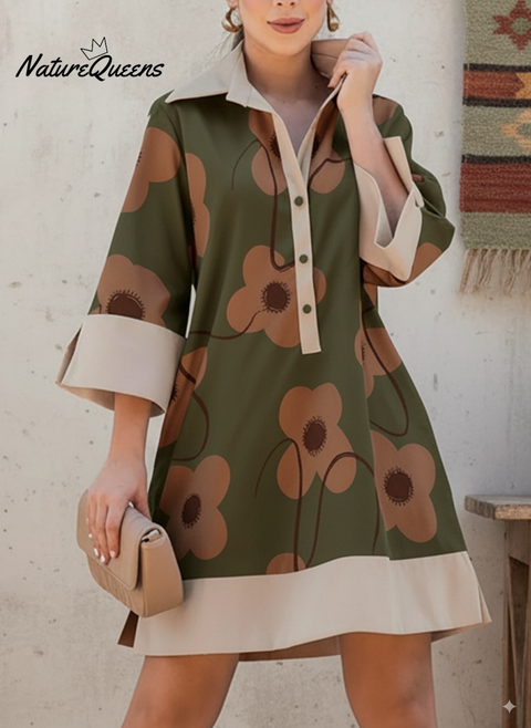 Artistic Lapel Large Flower Print Cotton and Linen Dress