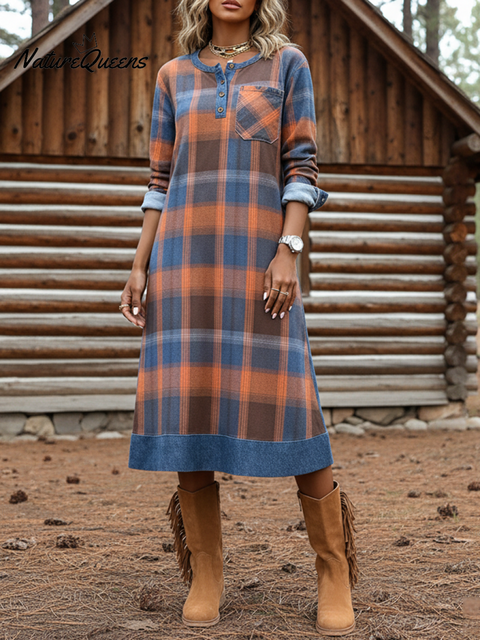 Denim Patchwork Plaid Print Henley Collar Midi Dress