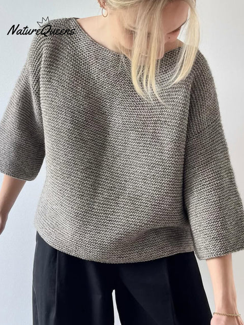 Women's Back Pleated Cotton Round Neck Knitted Top