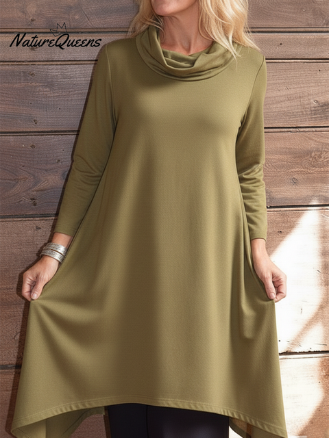 Women's Retro Elegant Cowl Neck Solid Color Irregular Hem Knitted Top