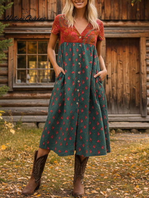 Boho Flower Patchwork Print V-neck Soft Midi Dress
