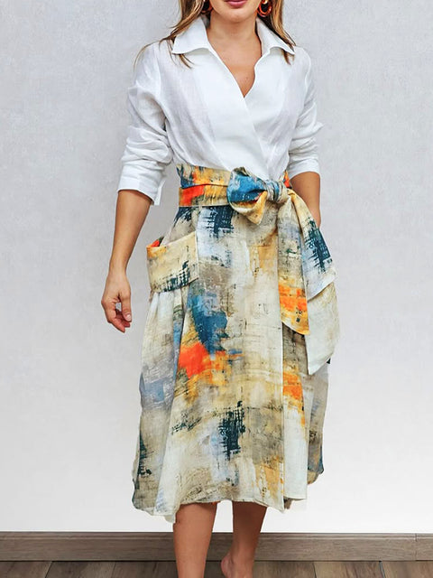 Women's Watercolor Brushstroke Print Bowknot Linen Skirt