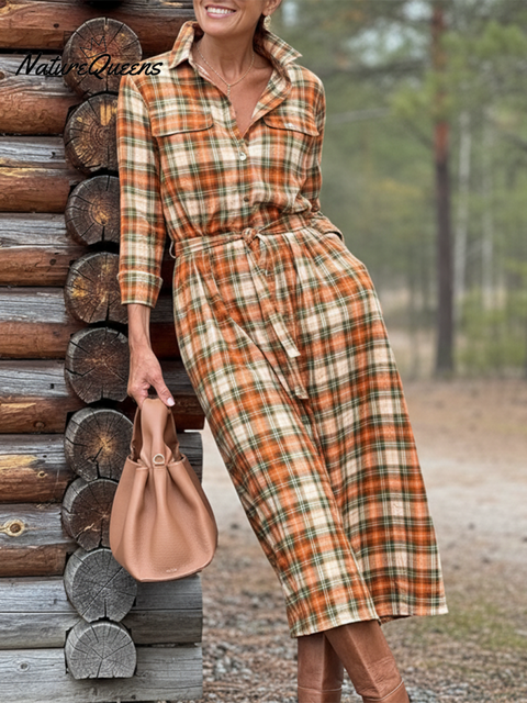 Women's Retro Contrast Color Plaid Shirt Cotton Dress