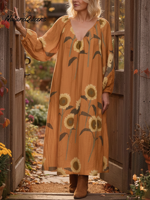 Sunflower Print Soft V-neck Cotton Midi Dress