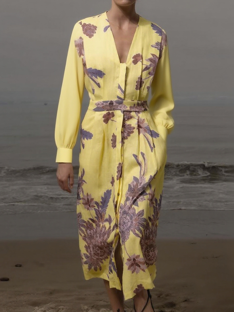 Floral Print Pleated Cotton and Linen Midi Dress