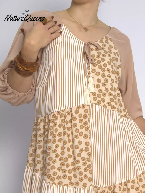 Women's Floral Print Plaid Patchwork Cotton Dress