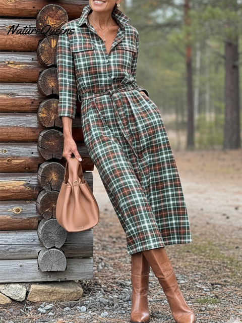 Women's Retro Contrast Color Plaid Shirt Cotton Dress