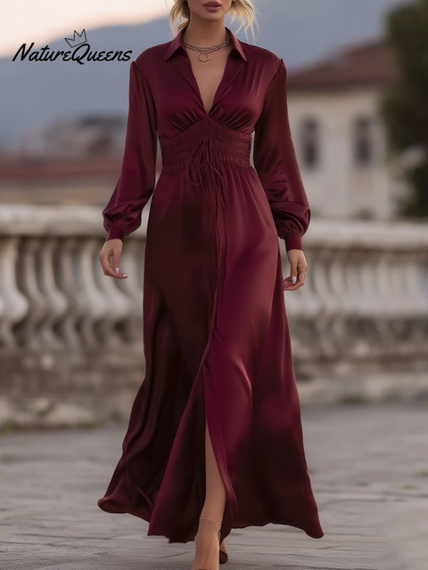 Women's Satin Waist Slit Maxil Dress