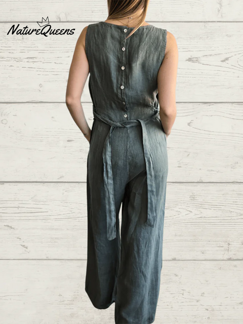 Casual Back Button Tie Linen Solid Color Jumpsuit