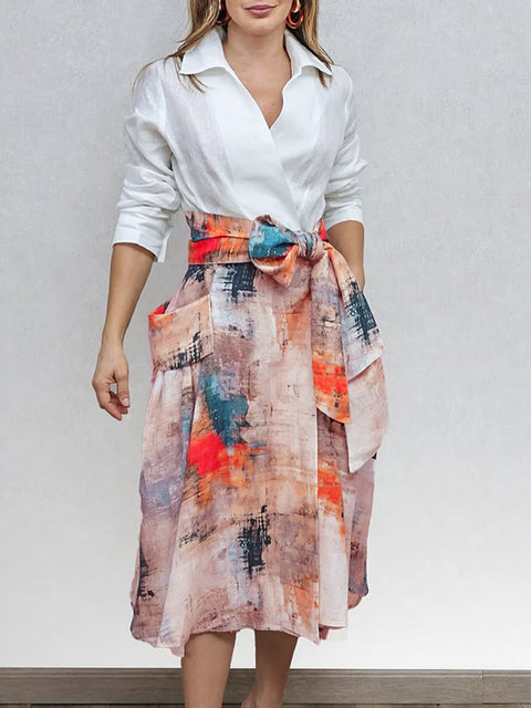 Women's Watercolor Brushstroke Print Bowknot Linen Skirt
