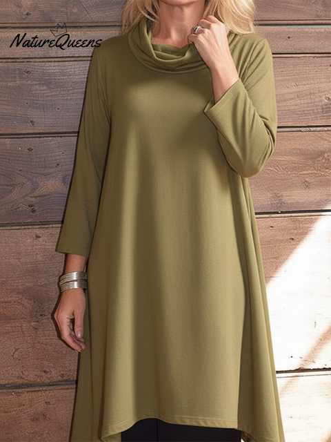 Women's Retro Elegant Cowl Neck Solid Color Irregular Hem Knitted Top