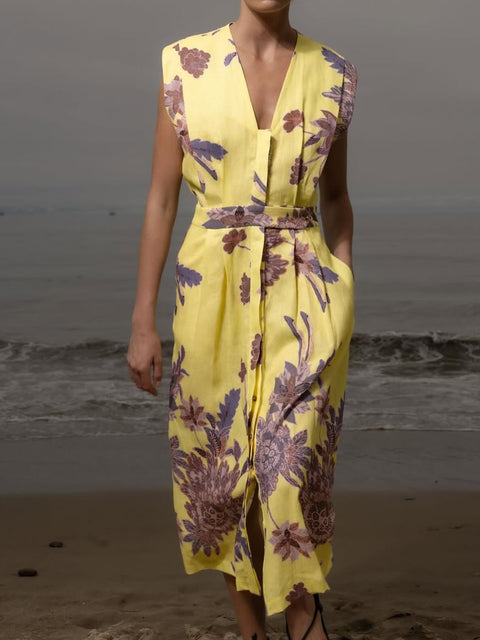 Floral Print Pleated Cotton and Linen Midi Dress