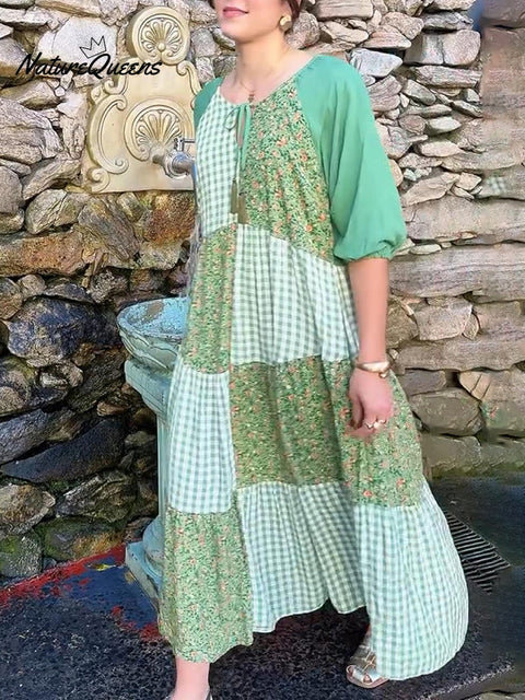 Women's Floral Print Plaid Patchwork Cotton Dress