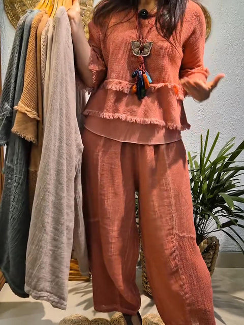 Boho Tassel Patchwork Top and Pants Two-piece Set