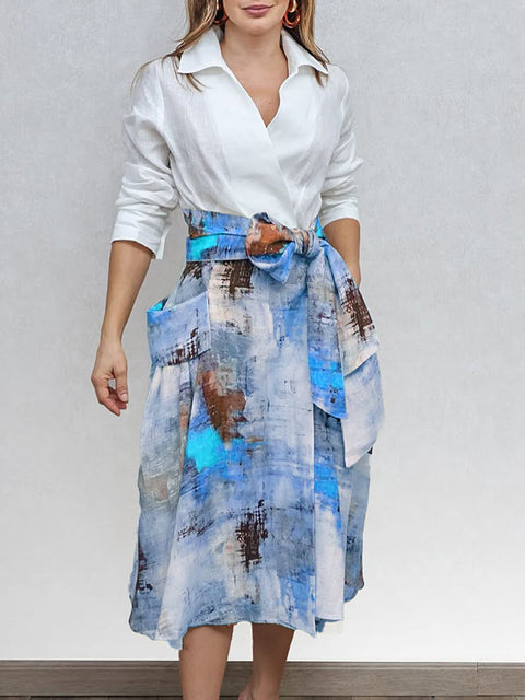 Women's Watercolor Brushstroke Print Bowknot Linen Skirt